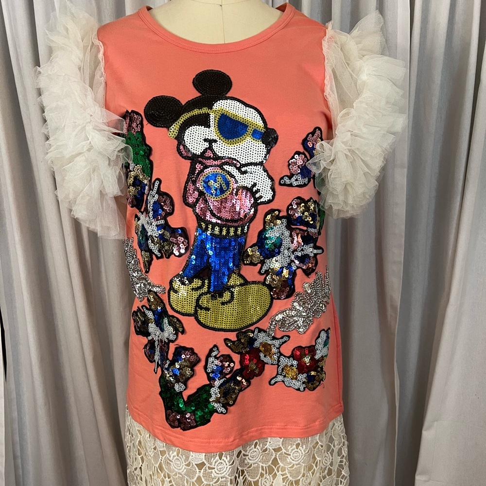 Abo Abbandono pink sequined Mickey mini dress with open crochet bottom sz m